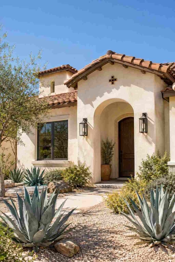 Light cream stucco house reflecting midday sun, showing a high light reflectance value in a hot climate