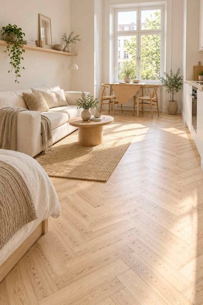 30 Scandinavian Interior Design Ideas with Wood Block Flooring for a Warm, Light-Filled Home 15 Pale wood block flooring making a small Scandinavian apartment feel open