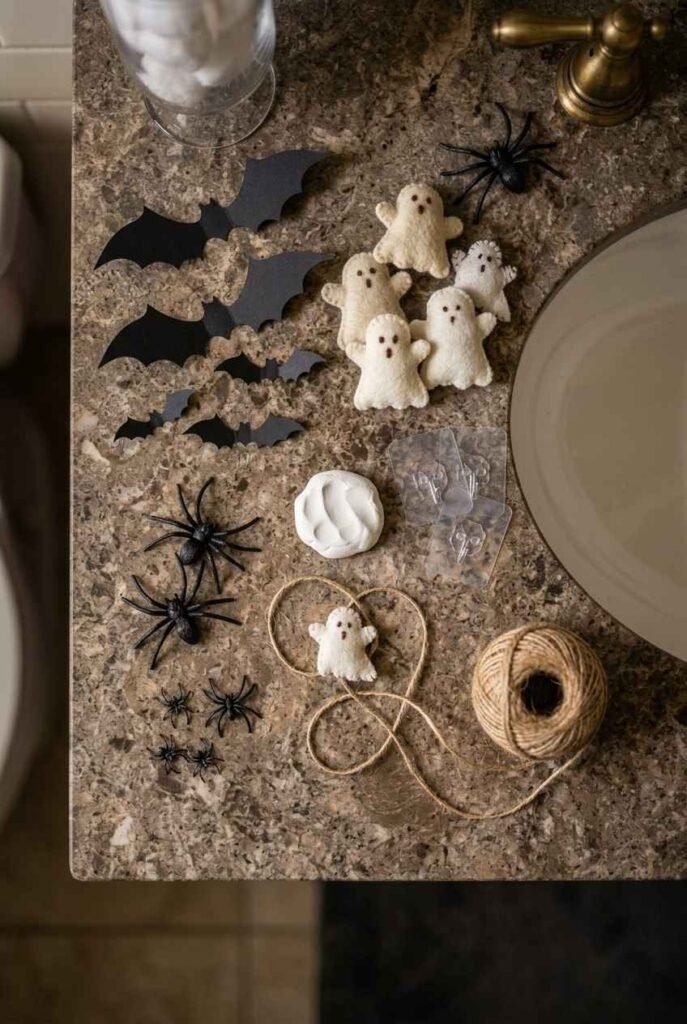 Flat lay of paper bats, fabric ghosts, plastic spiders and removable putty for easy Halloween bathroom decorating