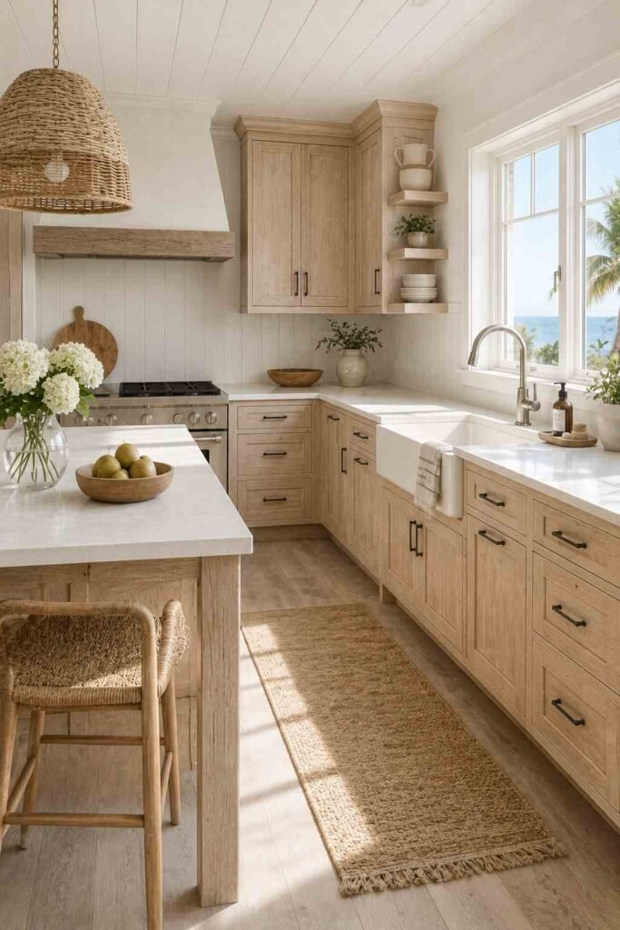 Coastal farmhouse kitchen with limed whitewashed oak cabinets