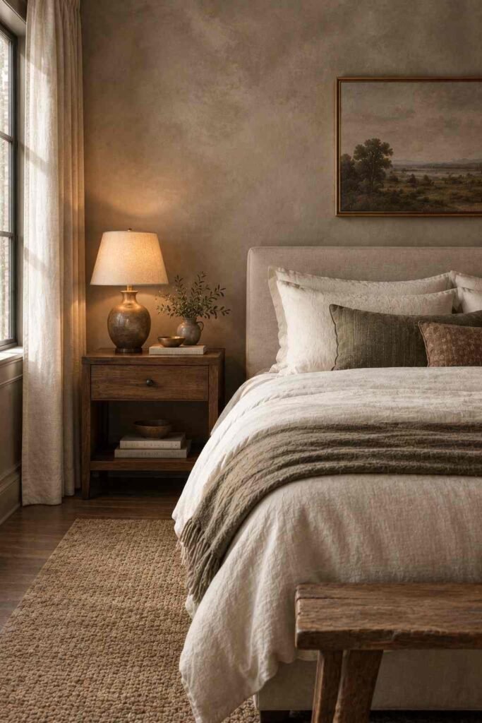 Warm greige limewash bedroom wall with soft cloudy texture.