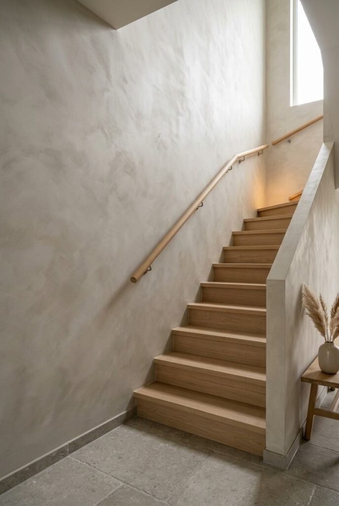 28 Stairs Wall Decor Ideas Modern Luxury Interiors Style Your Staircase Wall 10 Warm greige limewash finish on a staircase wall in a calm modern interior