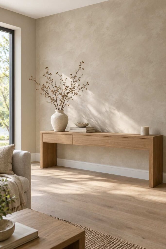 25 Stunning Home Remodeling Living Room Ideas to Refresh Your Space 10 Living room with soft limewash plaster walls in a warm clay tone and a simple wooden bench.