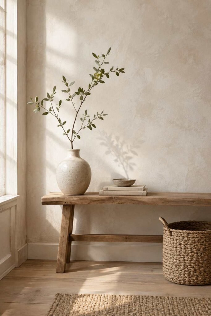 Soft limewash wall with cloudy texture above a wooden bench in a shed interior.
