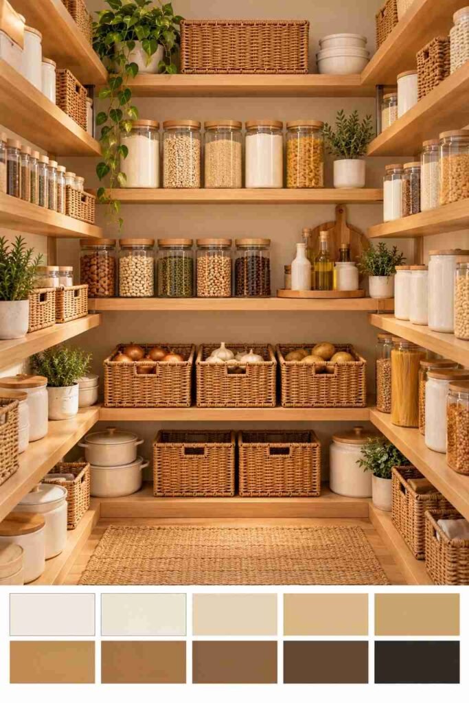 Open Shelving Pantry Kitchen Ideas: 30 Layouts, Storage Tricks and Styling Tips 17 Open pantry shelves in a limited warm wood color scheme, with a 10-color palette strip below.