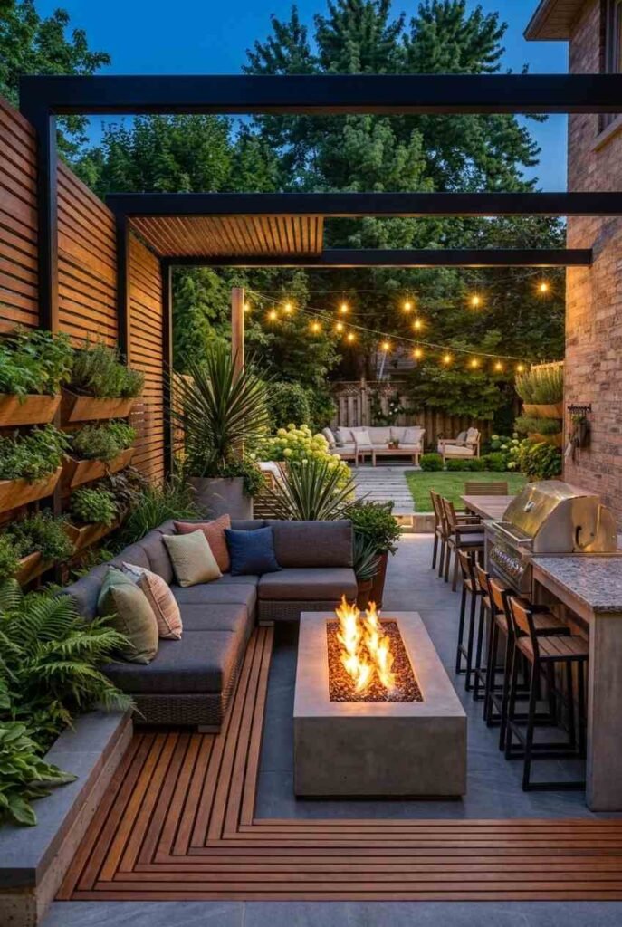 Linear gas fire table surrounded by a modular outdoor sectional at twilight.