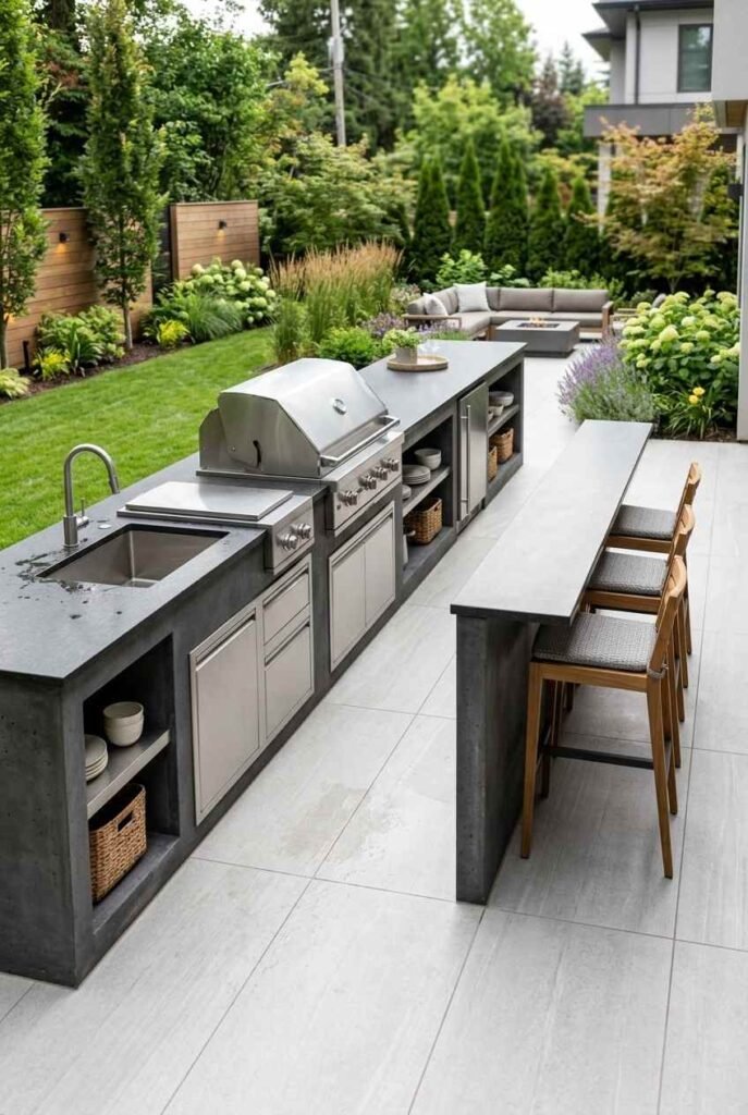 Linear island outdoor kitchen with built-in grill and bar stools on a modern patio.