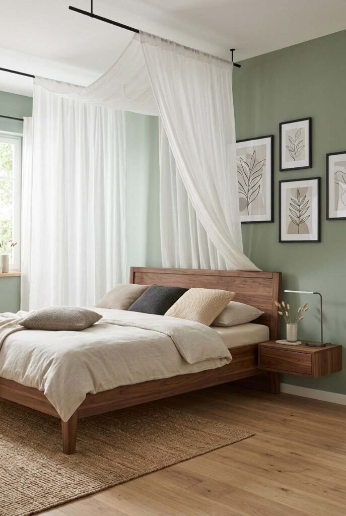 Linen canopy fabric and forest green velvet drapes beside a sage green wall.