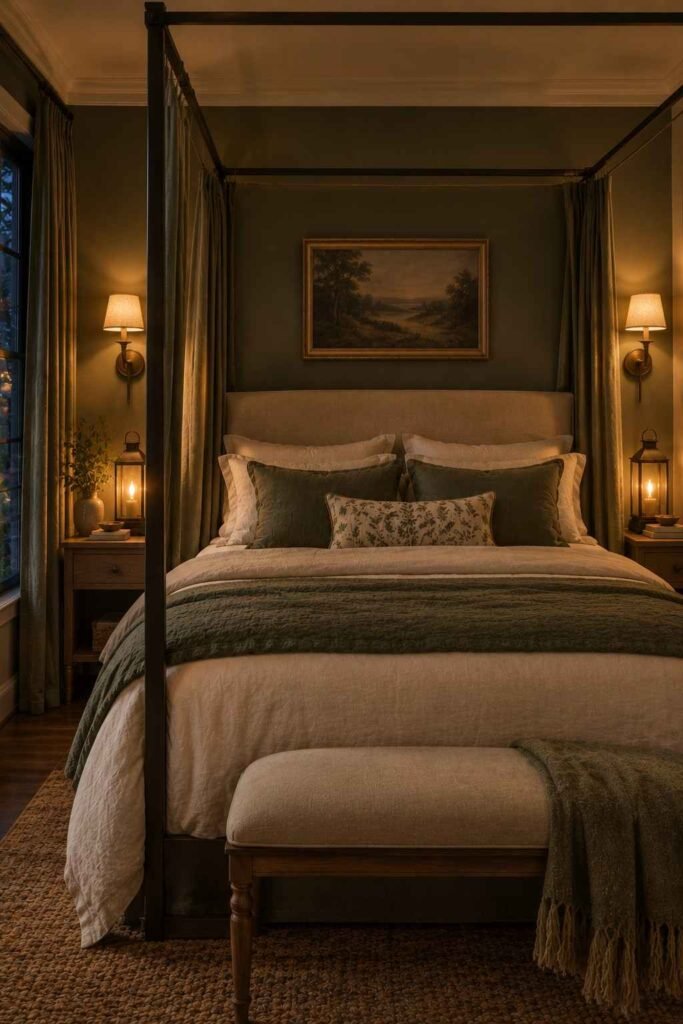 Linen-shade wall sconces and lantern bedside lamps casting warm light beside a canopy bed