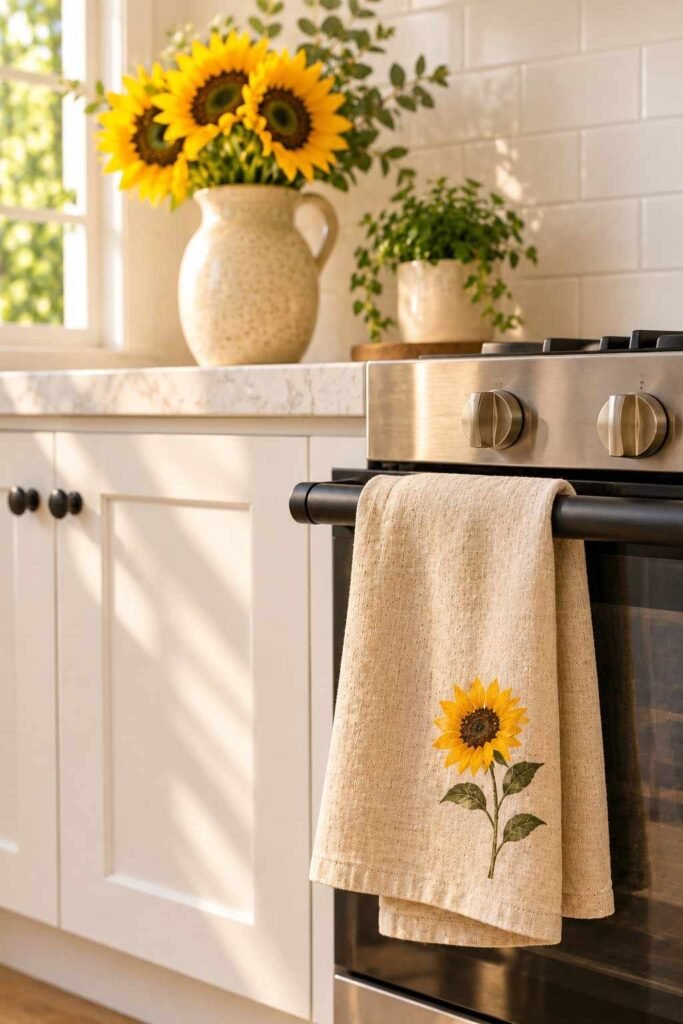 30 Sunflower Kitchen Decor Ideas Modern: From Wall Art to Backsplash Tile 10 Linen tea towel with a small sunflower print on an oven handle.