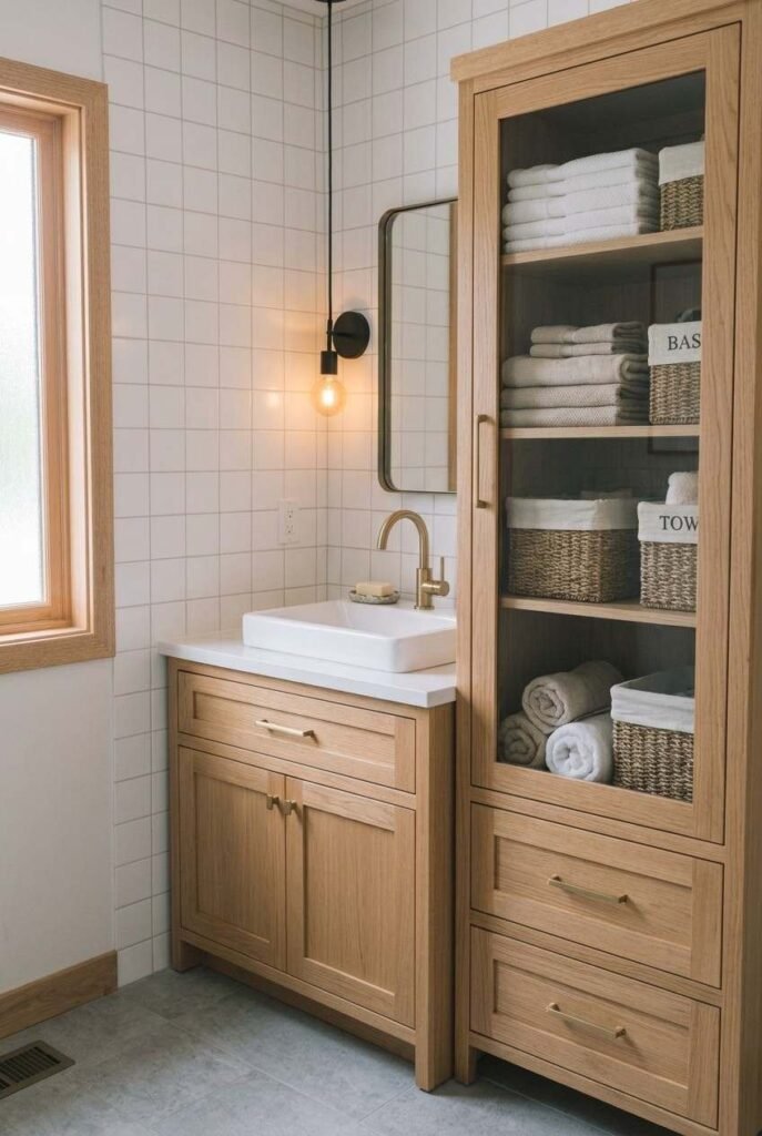 30 Bathroom Vanity Ideas: Single Sink for Small, Medium, and Large Spaces 14 Slim linen tower beside a single sink vanity adding vertical bathroom storage