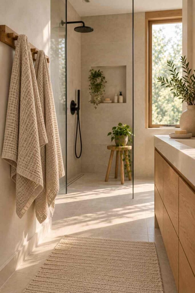 Oatmeal waffle-weave towels on an oak rail with a flat-weave cotton bath mat