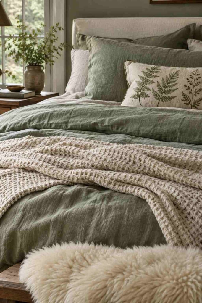 Sage linen duvet with a cream chunky knit throw, sheepskin, and fern-embroidered cushion