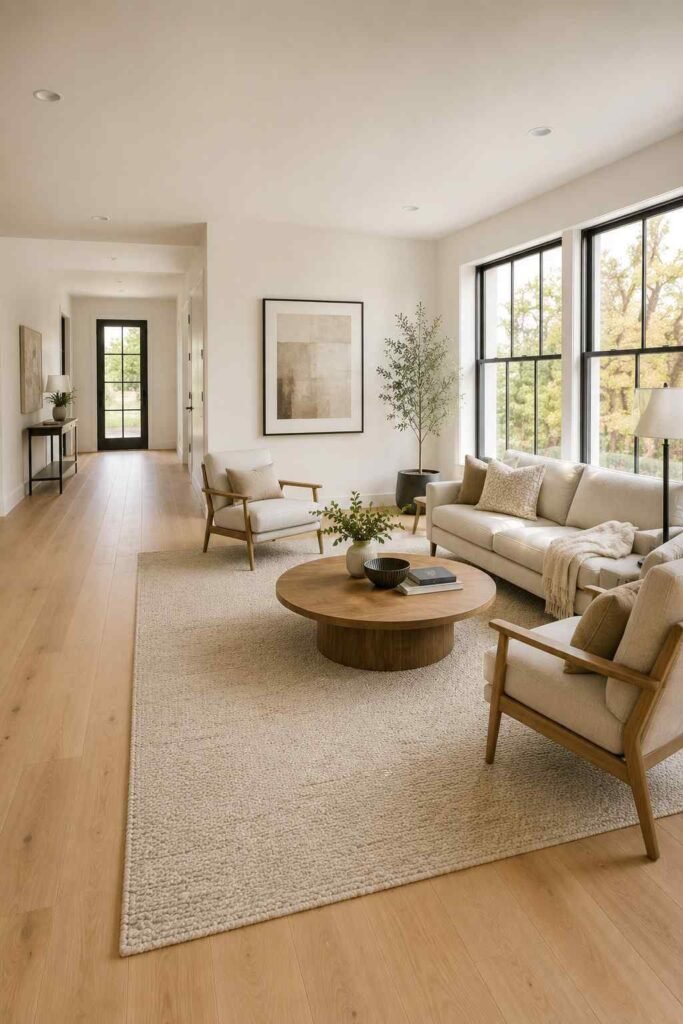 25 Stunning Home Remodeling Living Room Ideas to Refresh Your Space 3 Living room with sofa and two armchairs arranged facing each other around a round coffee table.
