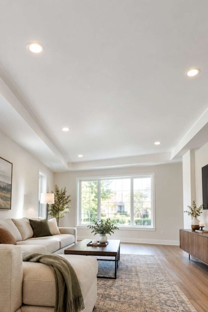 25 Stunning Home Remodeling Living Room Ideas to Refresh Your Space 6 Living room with a smooth, high white ceiling after removal of boxed-in soffits.