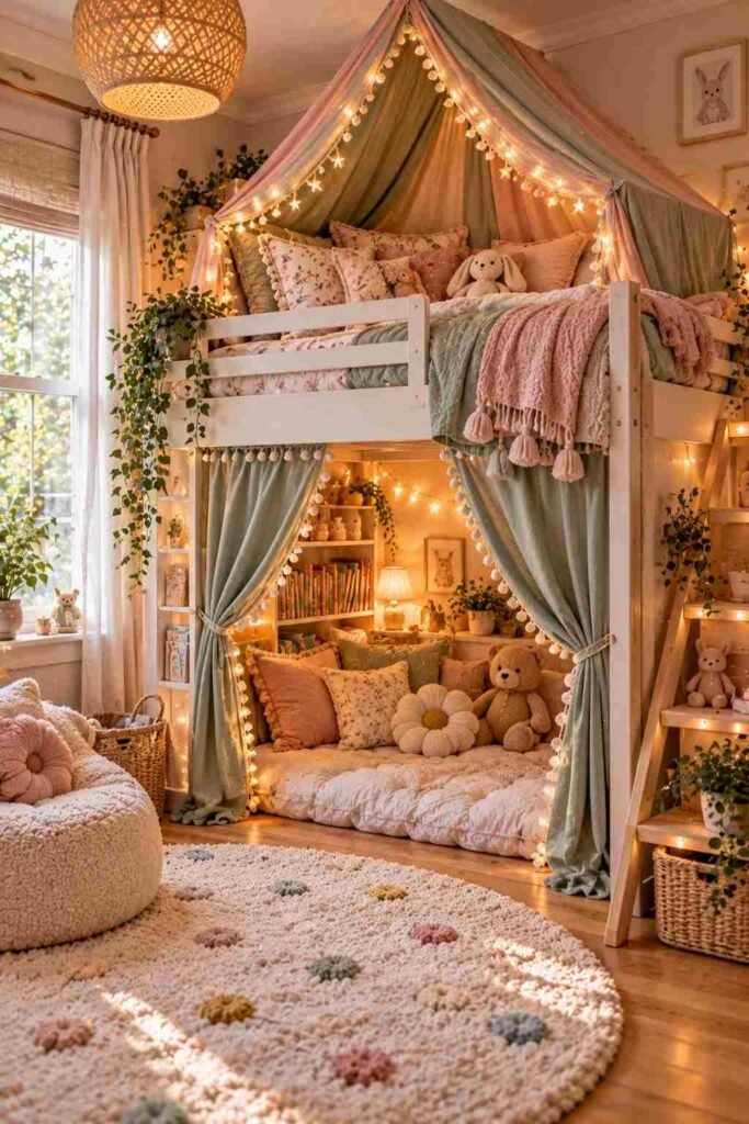 Loft bed with fabric tent canopy in a small bedroom
