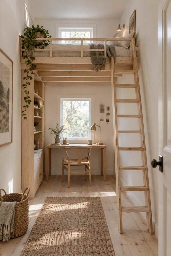 Light wood loft bed with slim railing above a small desk in a shed house.