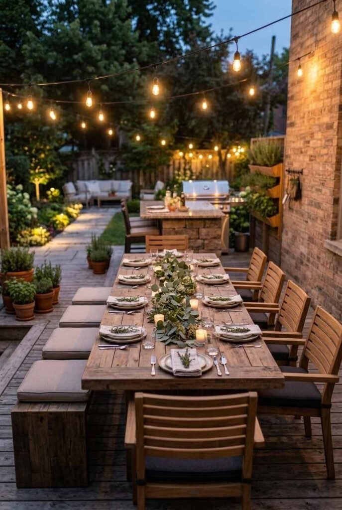 Long wooden outdoor dining table set for a backyard dinner near a grill island.