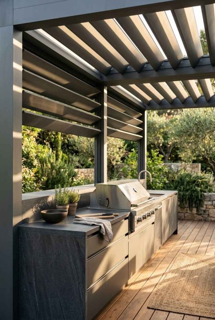Semi-Outdoor Kitchen Ideas: 30 Covered Designs for Patios, Porches, and Balconies 3 Louvered pergola with tilted slats over an outdoor kitchen counter and built-in grill
