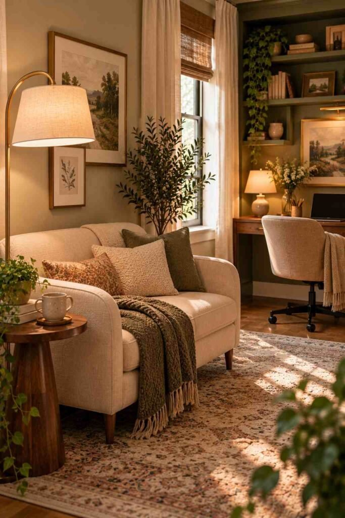 Small loveseat reading nook inside a home office with floor lamp