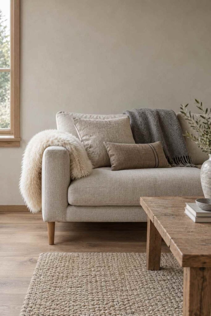 27 Scandinavian Mountain Interior Design Ideas: Ways to Create a Warm Nordic Cabin 8 Low linen sofa layered with sheepskin and wool throws in a Nordic cabin