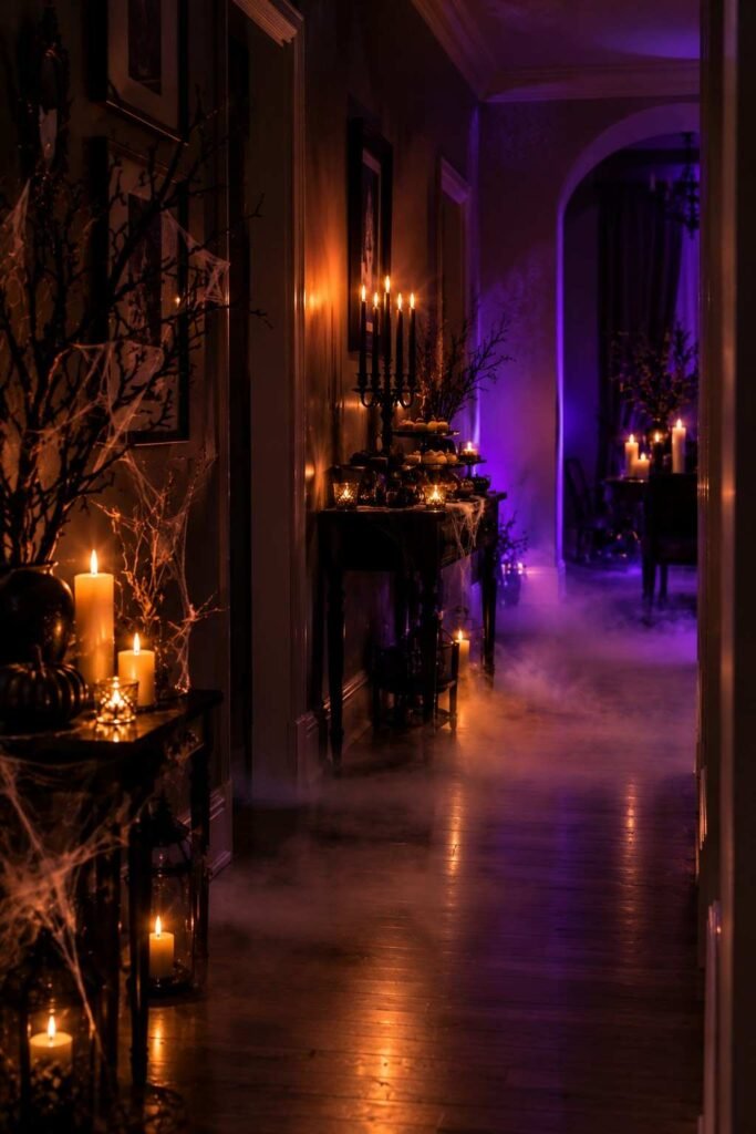 28 Halloween Party Decorations Indoor: Spooky Ideas That Transform Any Room 12 Low-lying fog drifting along a hallway floor at an indoor Halloween party