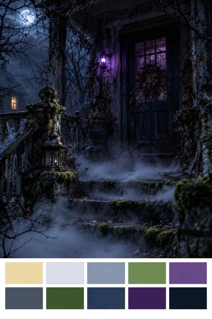 Moonlit Halloween front porch with low fog on the steps, with a ten-color palette strip below.