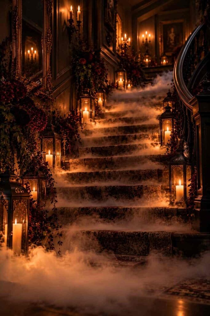 30 Halloween Party Decorations for Adults: Moody, Spooky, Stylish Ideas for Any Home 19 Low fog rolling down a candlelit staircase, atmospheric Halloween party decor for adults.