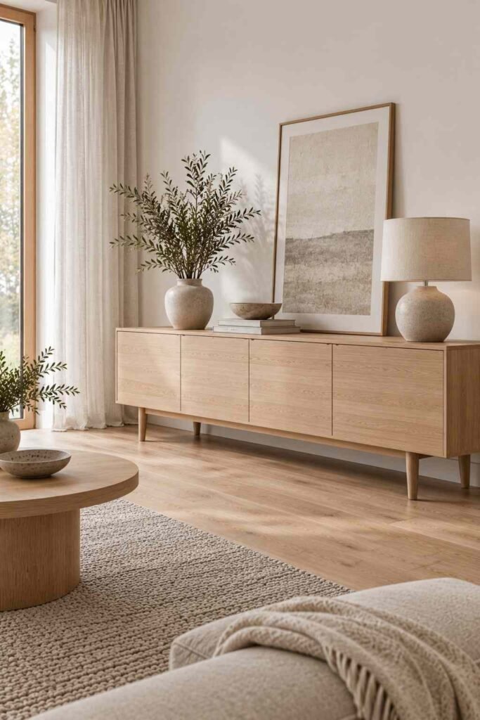 Low light-wood sideboard with simple décor in a Scandinavian living room