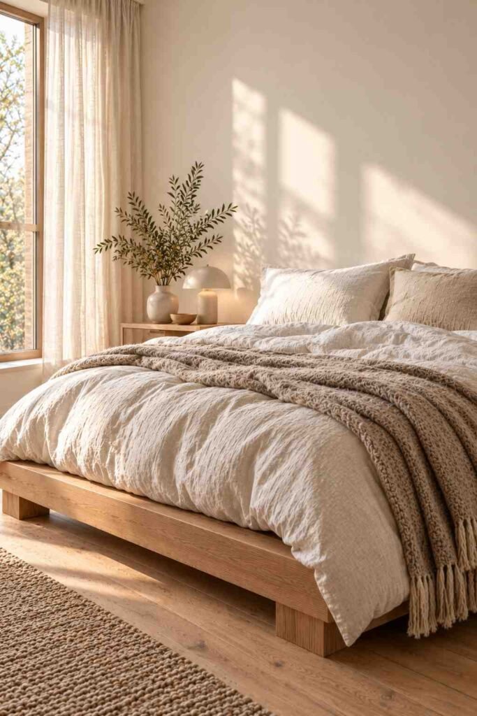 Low wood bed frame with washed linen bedding in a Scandinavian bedroom