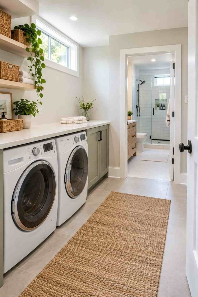 Lower-level laundry room with folding counter next to a new bathroom