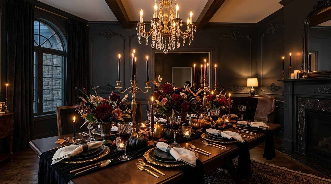 Luxury Halloween dining room decor ideas with black velvet runner, gold candelabras and burgundy florals