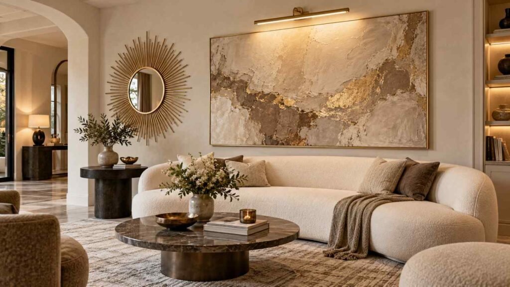 Warm-toned luxury living room with oversized art and brass mirror