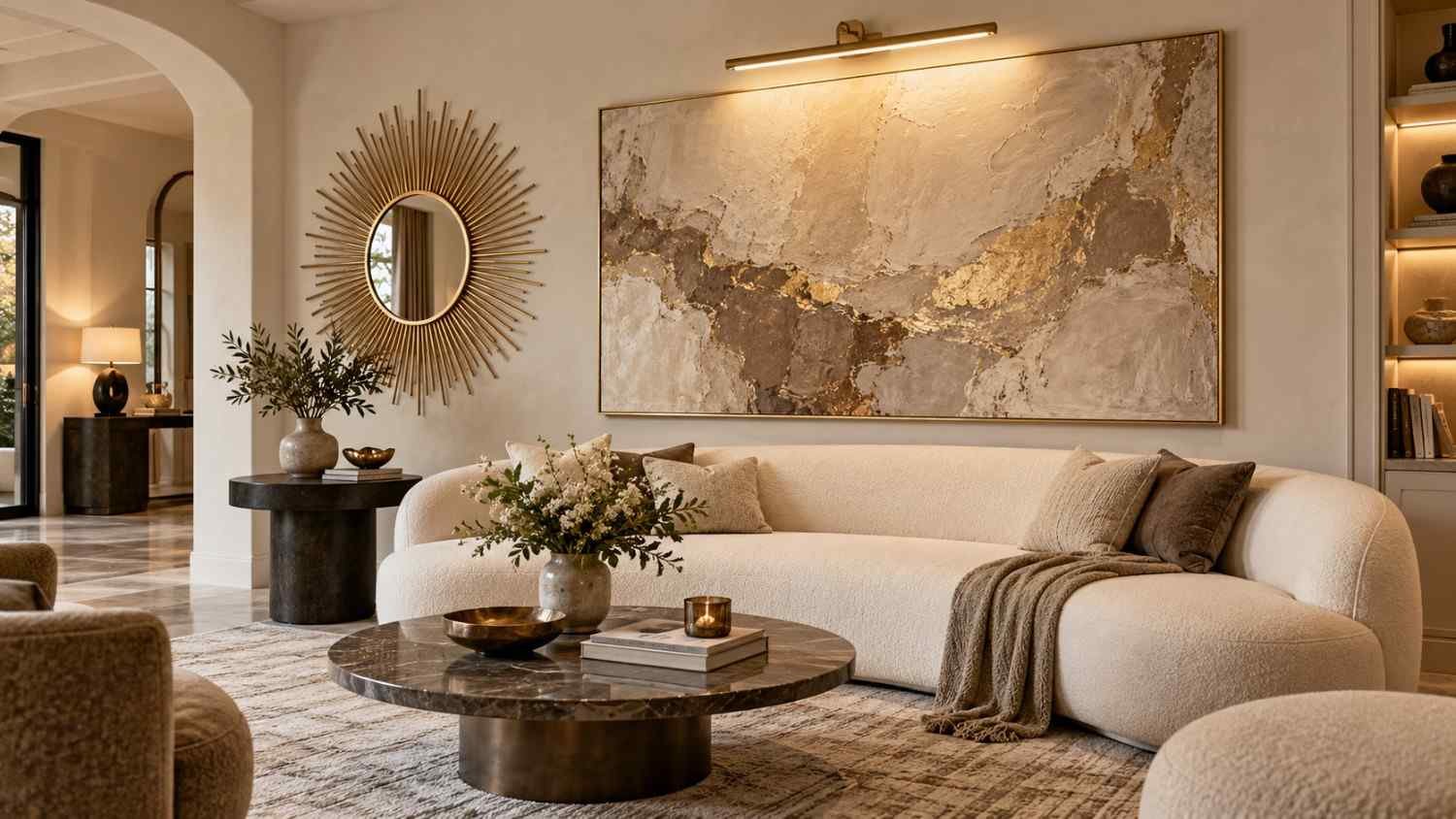Warm-toned luxury living room with oversized art and brass mirror