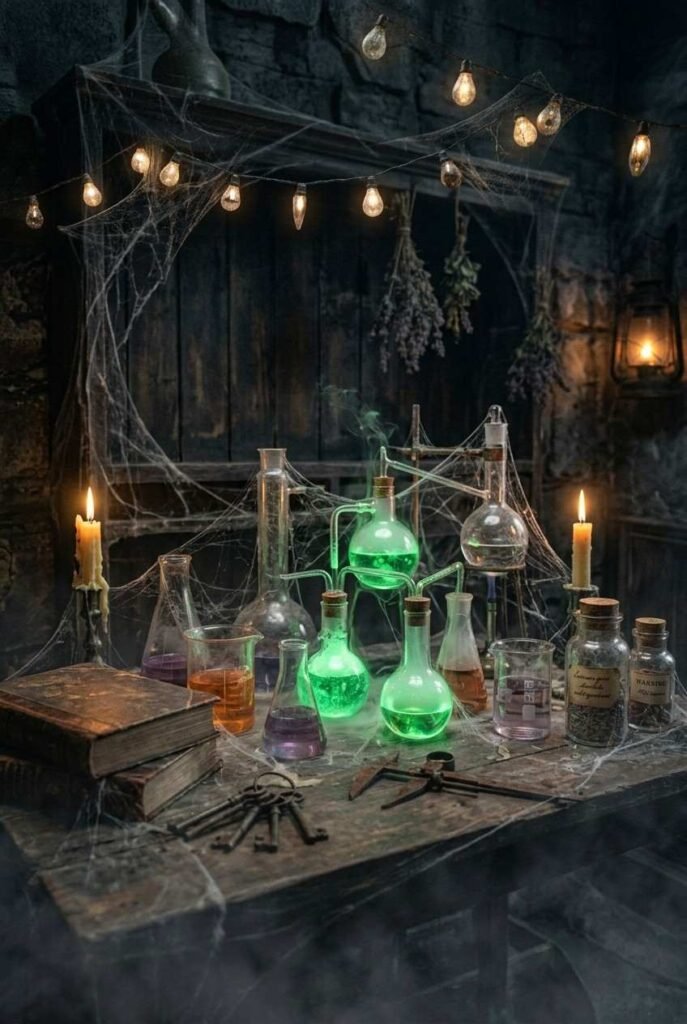 28 Spooky Halloween Theme Ideas to Make October 31 Unforgettable 9 Mad scientist lab Halloween theme with beakers, green liquid and tubing on an aged table.