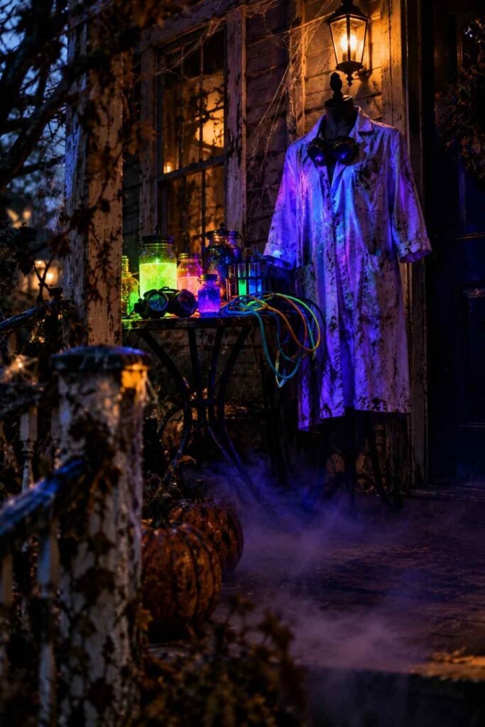 Mad scientist lab Halloween porch display with glowing jars and a lab coat.