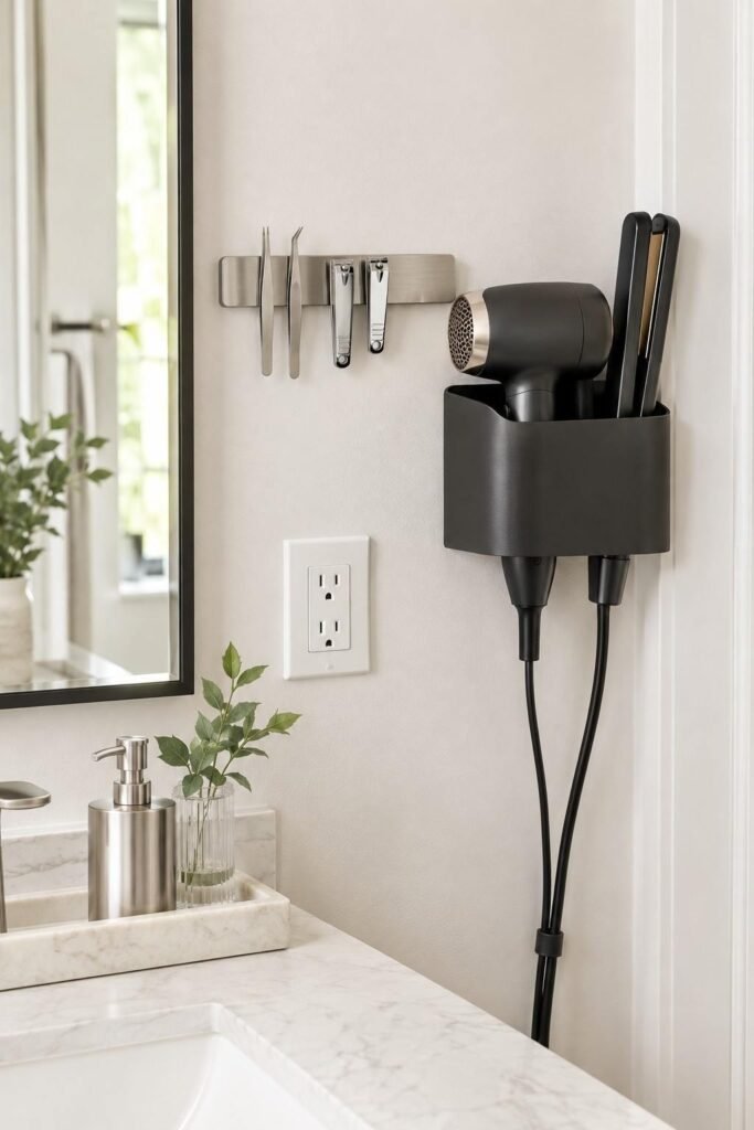 Magnetic strip with tweezers and a wall-mounted holder with a hair dryer beside a bathroom mirror