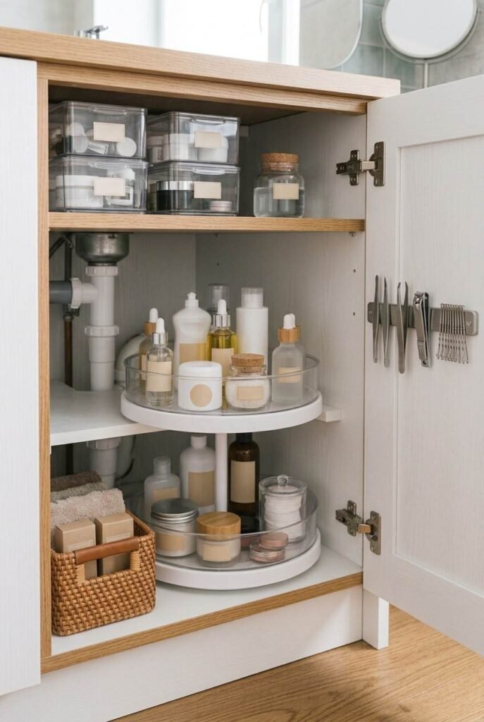 26 Bathroom Storage Ideas Under Sink for a Tidier, Roomier Vanity 13 Magnetic strip on a cabinet door holding tweezers and clippers