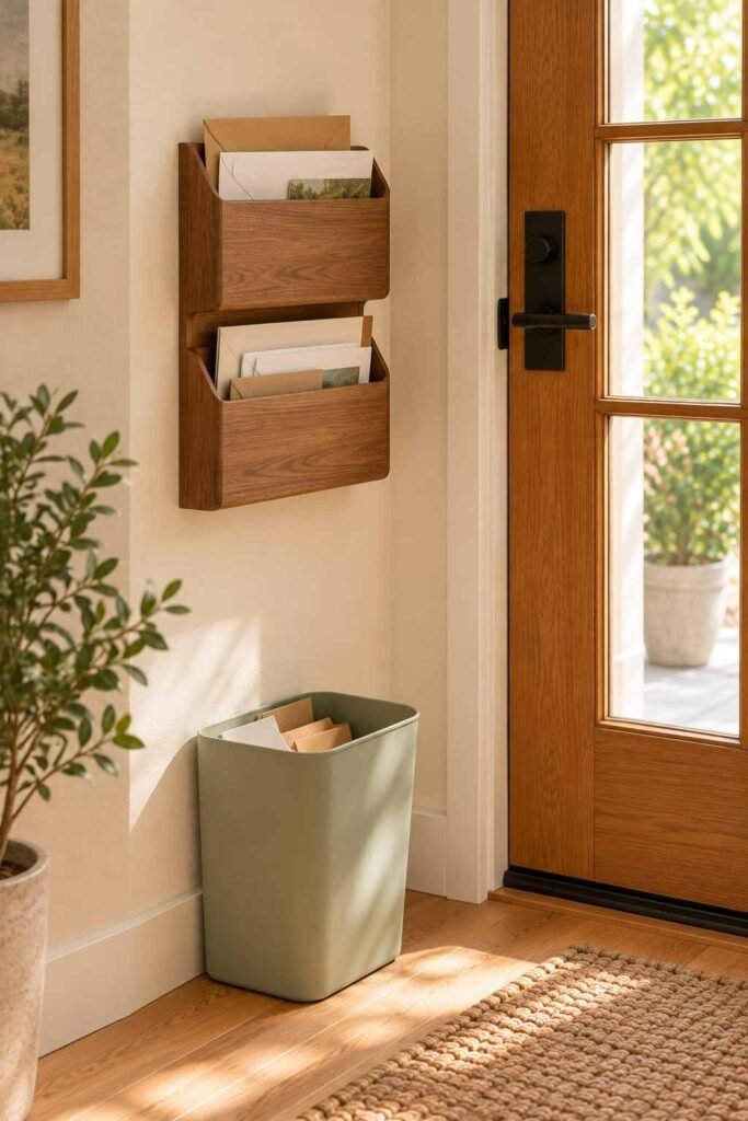 Two-slot wall file with envelopes above a small recycling bin as an entryway mail station.