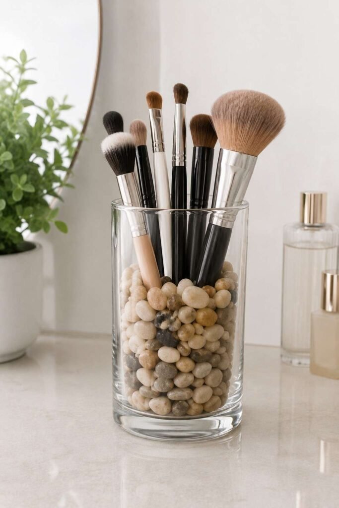 Makeup brushes standing in a glass cup filled with pebbles on a vanity