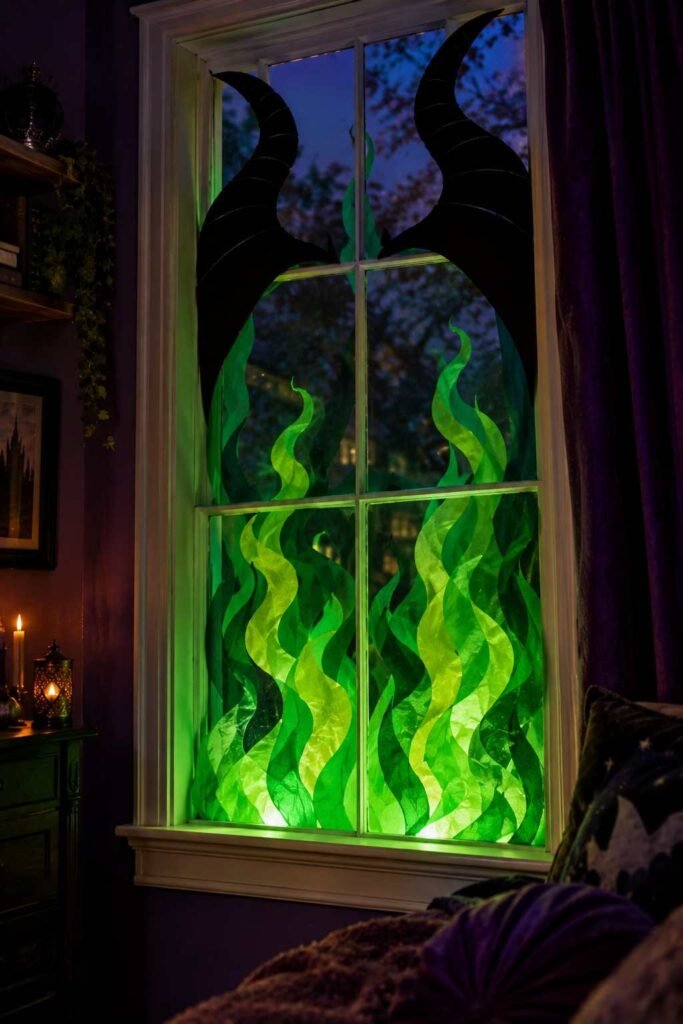 Horned villain silhouette with green tissue flame, a Disney Halloween window decoration idea.