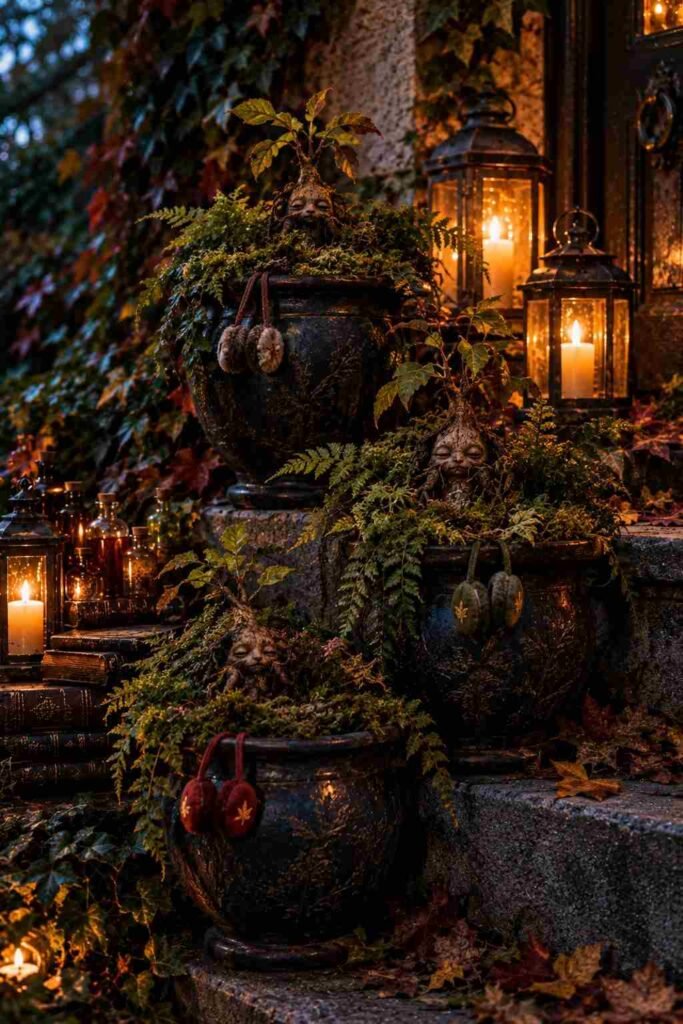 Planters with moss and ferns holding root-like mandrake figures with small earmuffs on the rim.