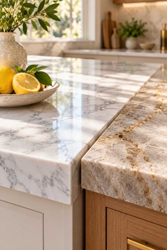 Marble and quartzite countertop samples showing natural veining.