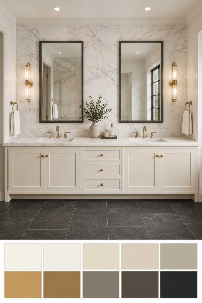 30 Bathroom Vanity Ideas For Double Sink Layouts for Every Style and Budget 14 Marble double vanity with undermount sinks and brass faucets, shown with a ten-swatch palette strip.