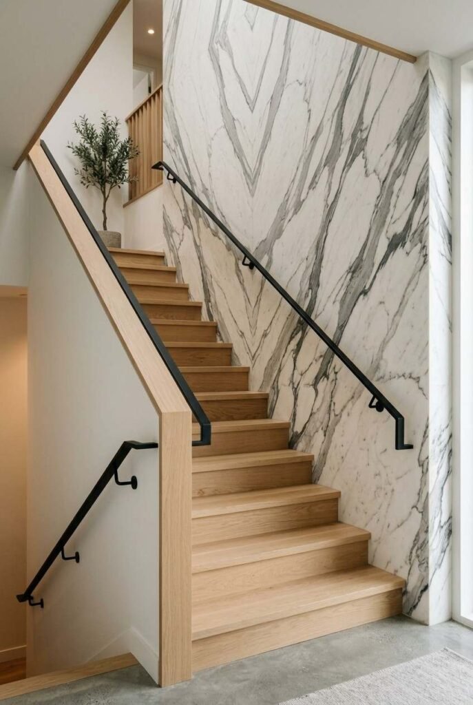 28 Stairs Wall Decor Ideas Modern Luxury Interiors Style Your Staircase Wall 11 Full-height veined marble slab cladding on one wall of a luxury staircase