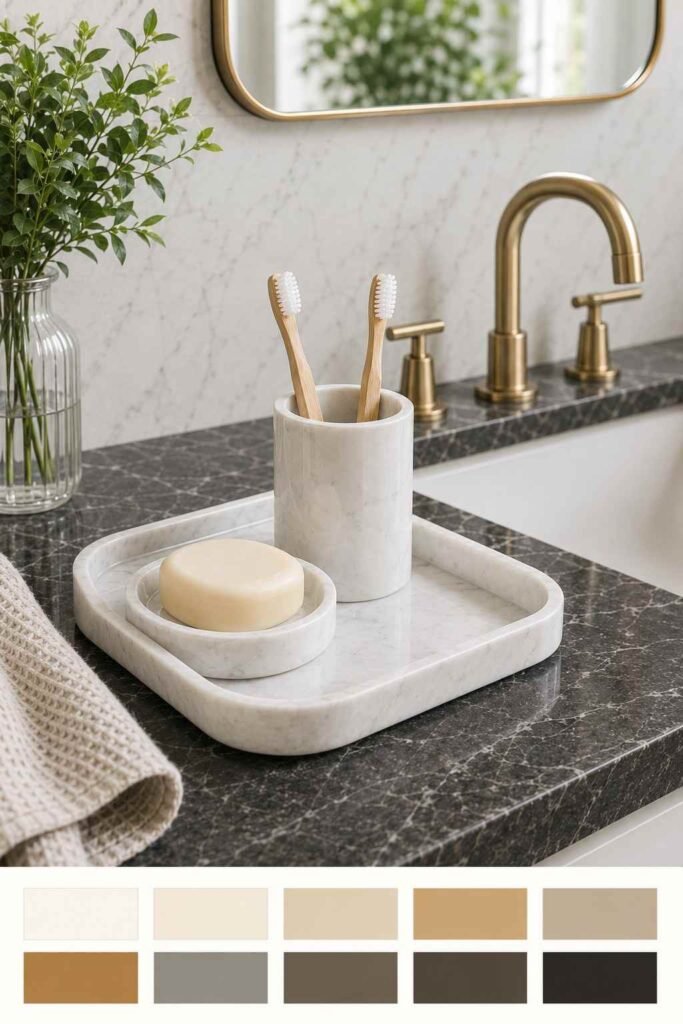 Marble tray set with soap dish and cup on a bathroom counter, with a marble and brass color palette strip below
