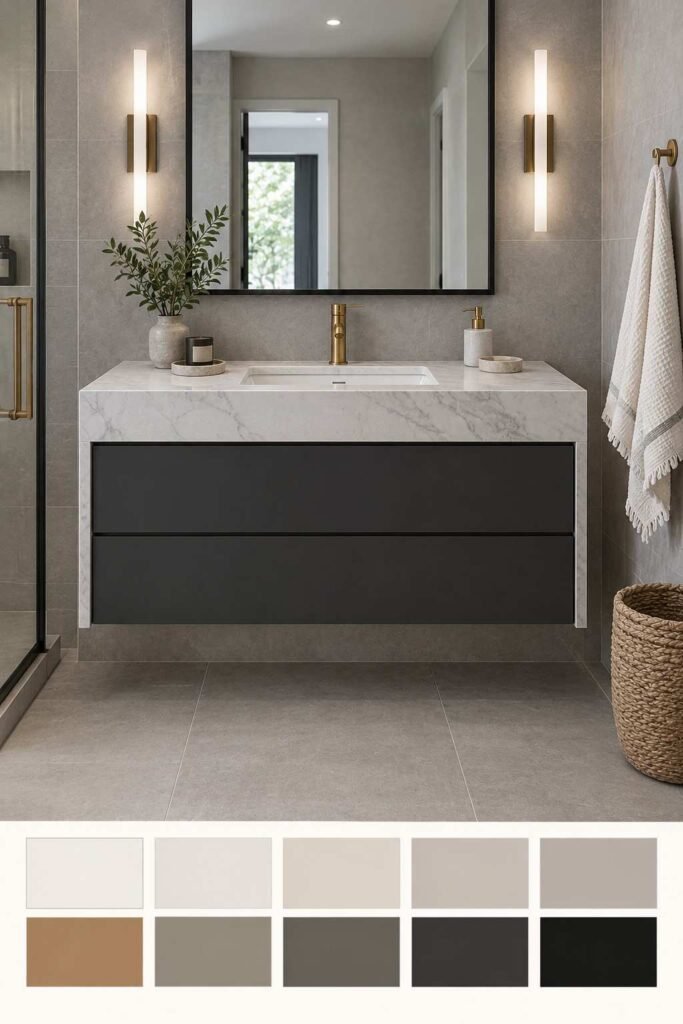 30 Bathroom Vanity Ideas: Single Sink for Small, Medium, and Large Spaces 20 Marble waterfall single sink vanity with charcoal cabinet and a 10-swatch gray and brass palette strip