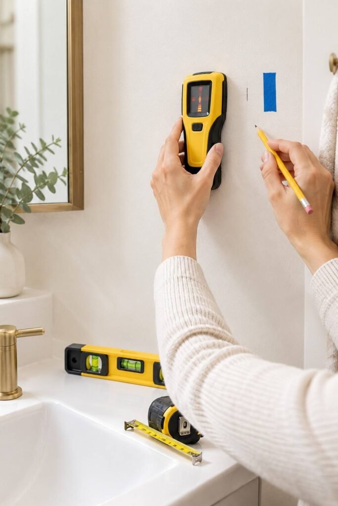 Hands using a stud finder and pencil to mark wall studs in a bathroom before installing shelves