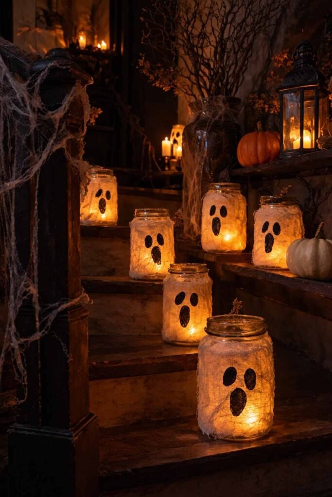 28 Halloween Party Decorations Indoor: Spooky Ideas That Transform Any Room 17 DIY mason jar ghost lights with LED tea lights lined along stairs for Halloween