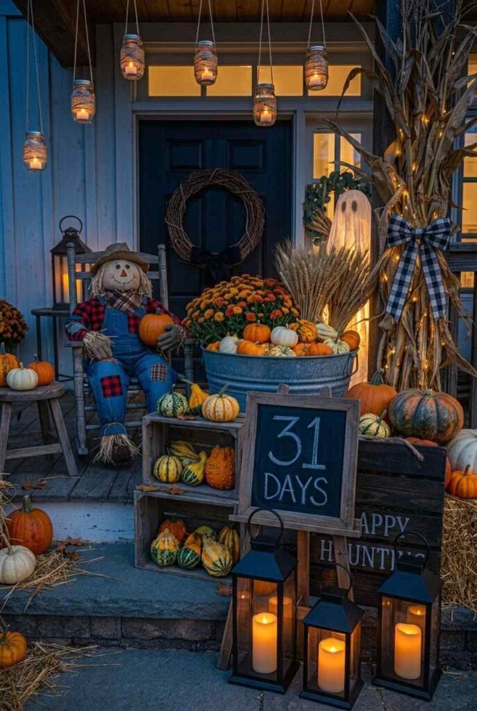 Mason jar lanterns and black metal lanterns glowing on a farmhouse porch at dusk.